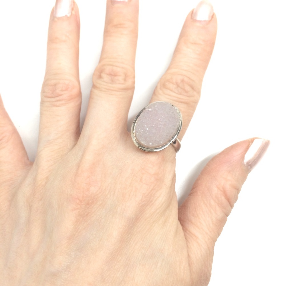 VINTAGE STERLING SILVER LIGHT PINK DRUSY QUARTZ RING 925 SIZE GEMSTONE 4.75